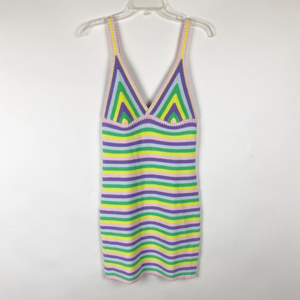 Steve Madden Pastel Striped Crochet Knit Tank Mini Dress Womens XS